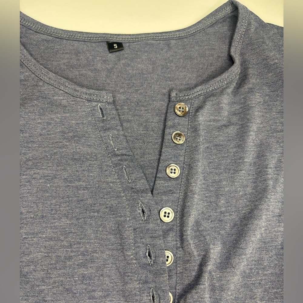 Women's Short Sleeve Blue Henley Top - Picture 2 of 3